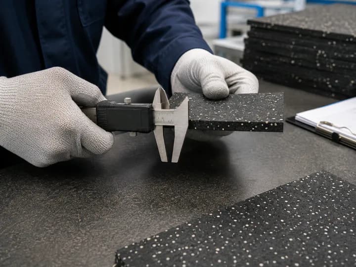 Quality technician measuring rubber flooring thickness
