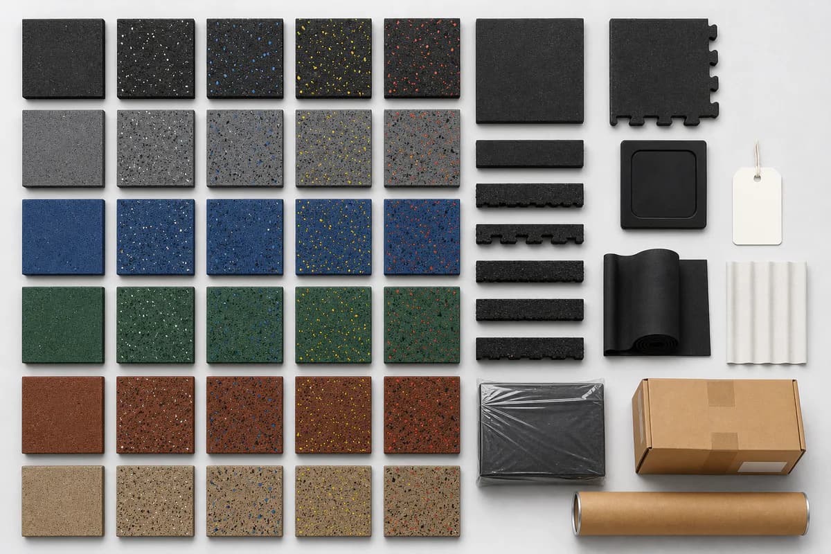 Gym flooring customization materials, colors, edges and packaging